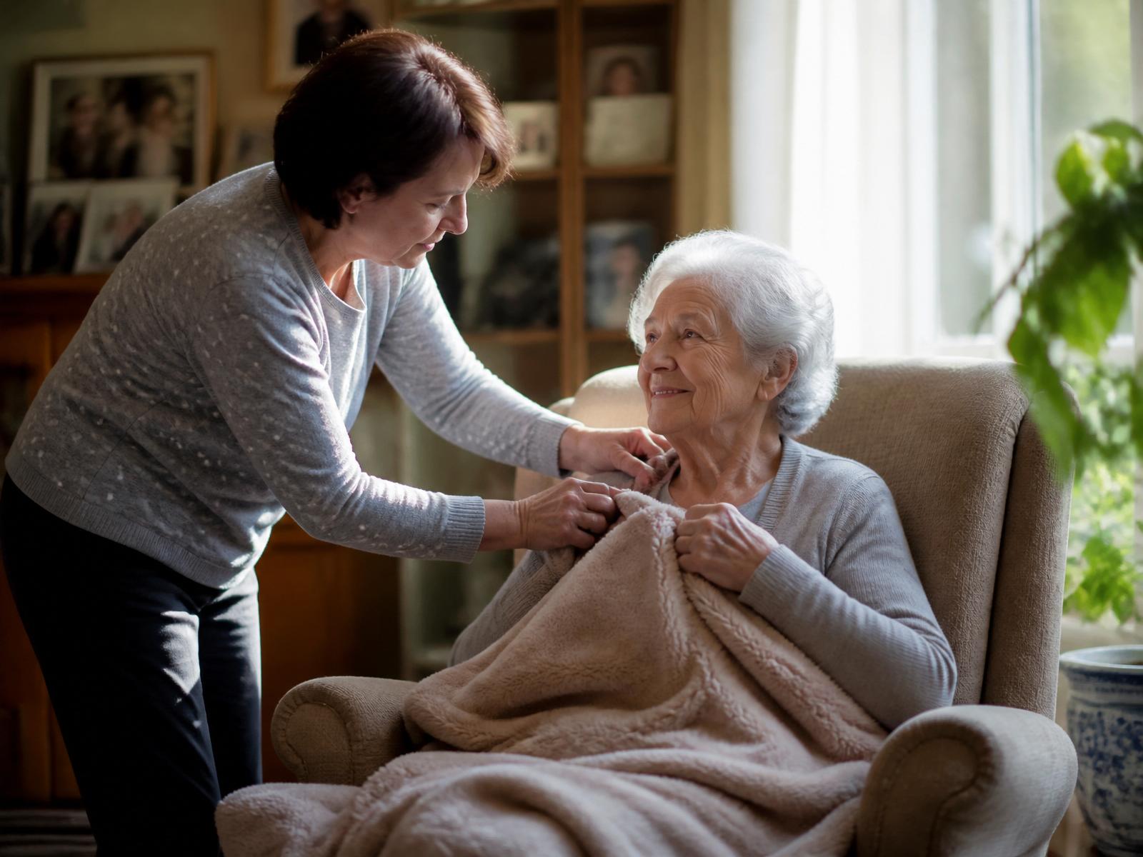 An adult daughter gently adjusts a soft blanket around her smiling elderly mother in a sunlit living room.