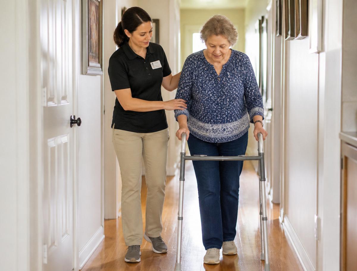A physical therapist walking beside an older adult using a walker in a bright home hallway.